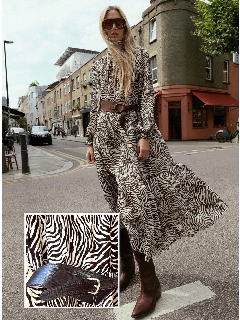 Zara Zebra Print Belted Brown Cream SemiSheer Balloon Sleeves Asymmetrical Belt